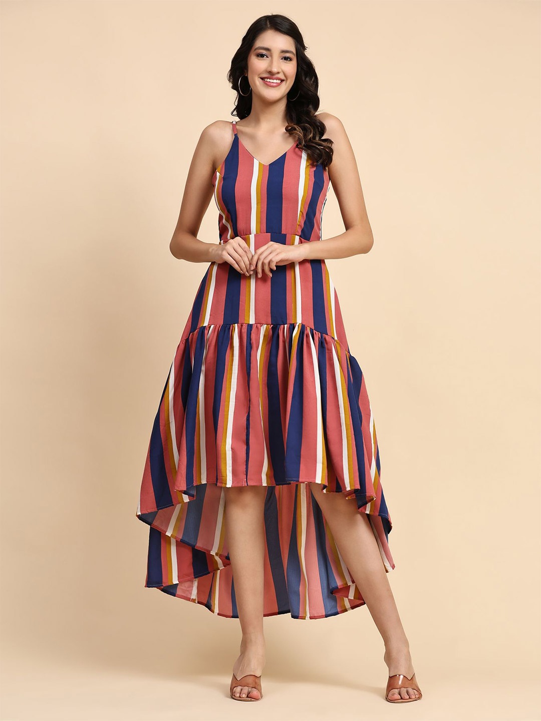 

BAESD Striped Midi A-Line Dress With High Low Hem, Rust