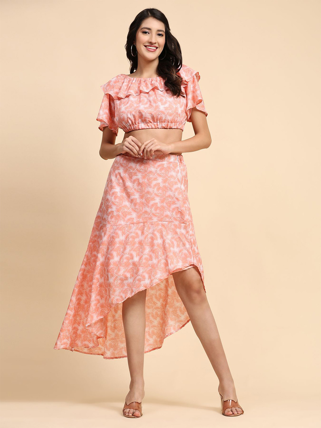 

BAESD Floral Printed Off-Shoulder Ruffles & Flounces Top With Skirt, Peach