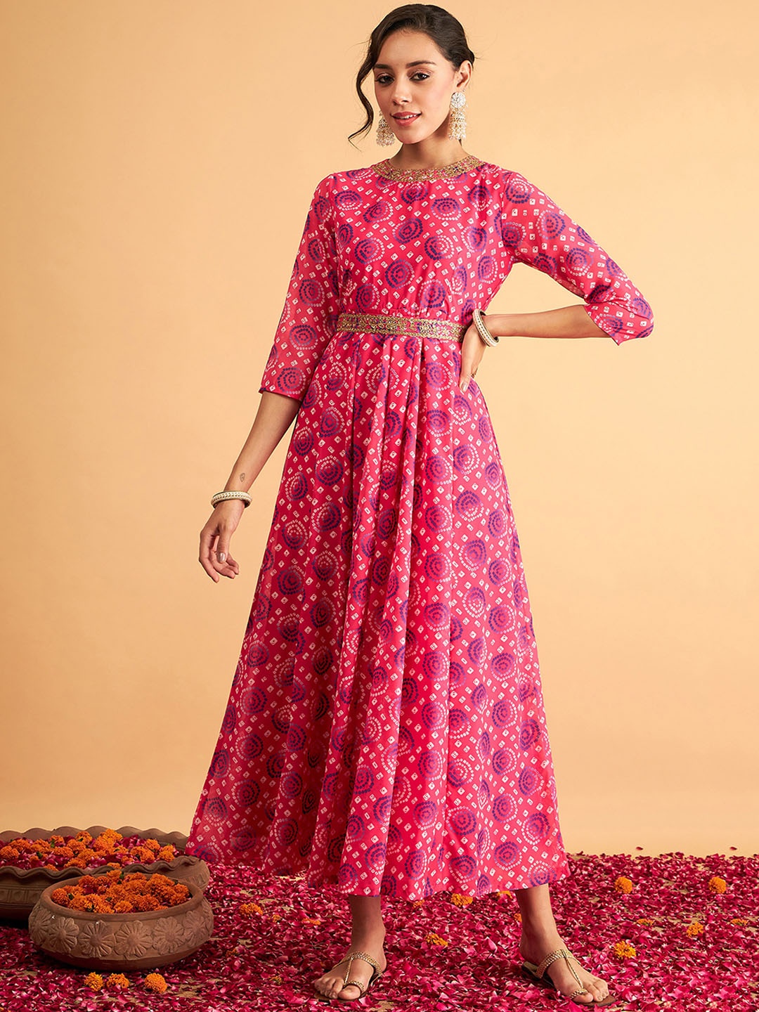 

Shae by SASSAFRAS Bandhani Printed Fit & Flare Midi Ethnic Dress, Fuchsia