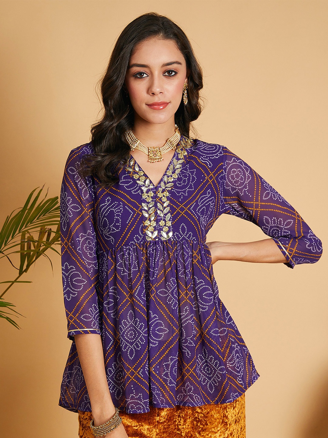 

Shae by SASSAFRAS Ethnic Motifs Printed Georgette Peplum Top, Purple