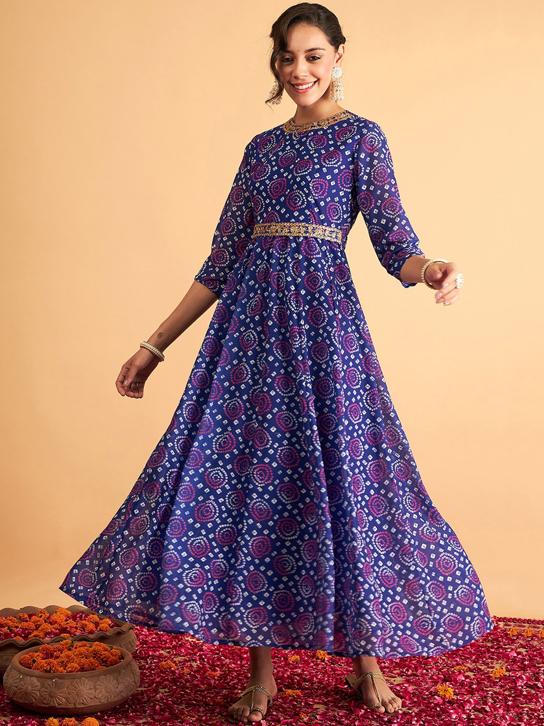 

Shae by SASSAFRAS Bandhani Printed Fit & Flare Midi Ethnic Dress, Blue