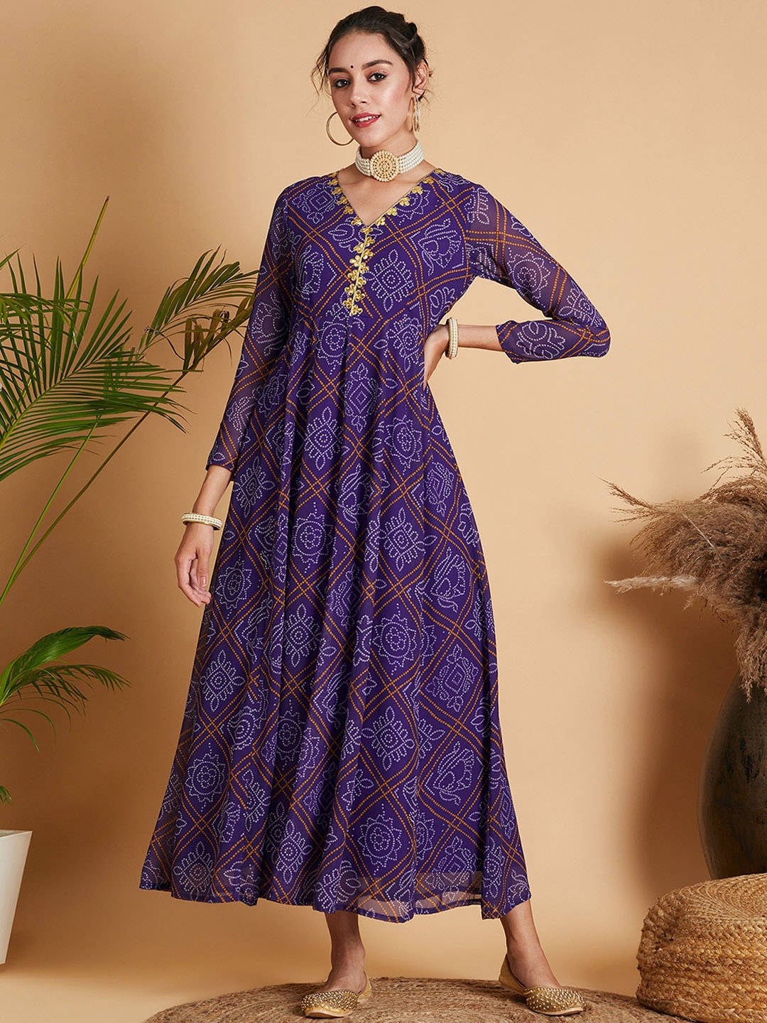 

Shae by SASSAFRAS Bandhani Printed Fit & Flare Midi Ethnic Dress, Purple