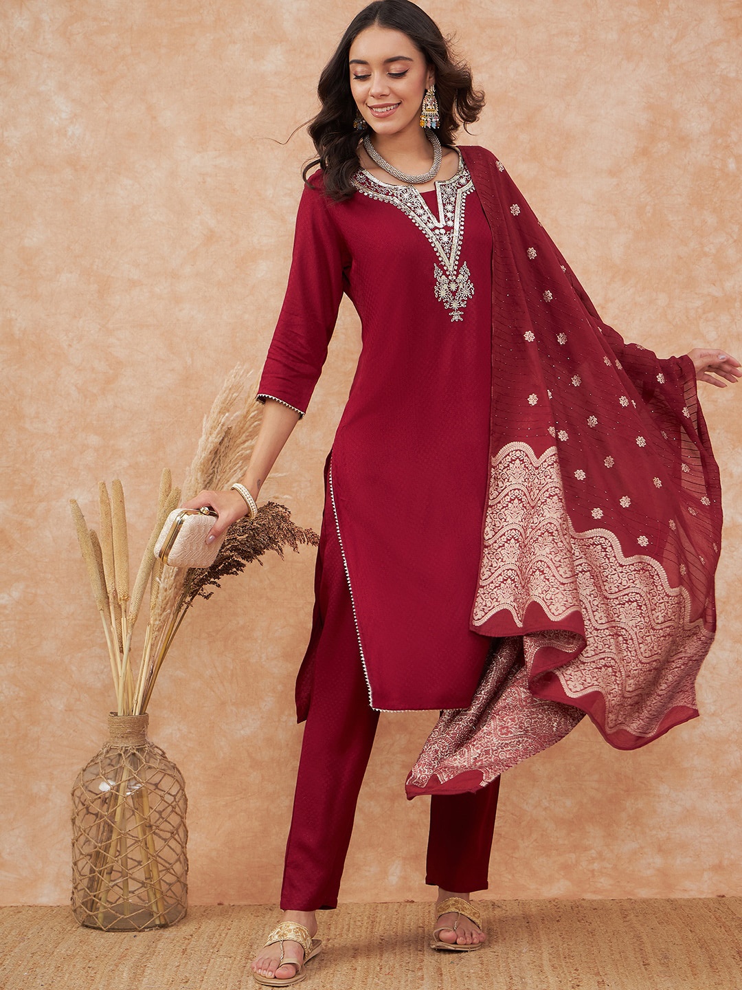 

Sangria Self-Designed Straight Kurta With Trouser & Dupatta Set, Maroon