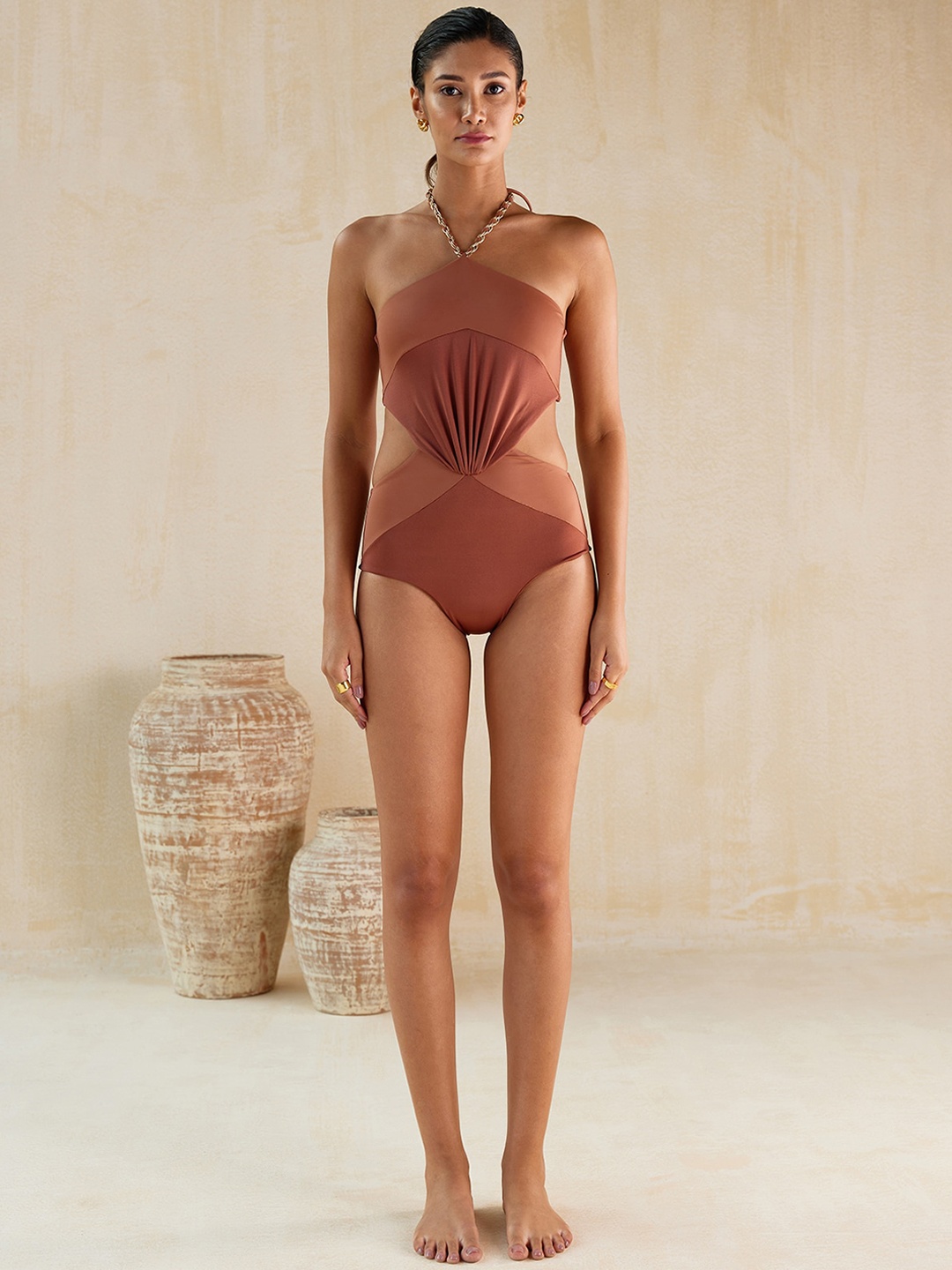 

Tizzi Halter Chain Tankini Swim Bodysuit, Rust
