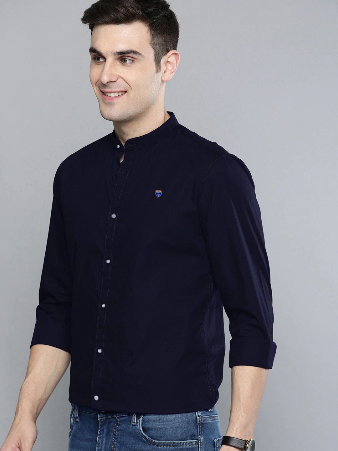 

FUBAR Slim Fit Band Collar Casual Shirt, Navy blue