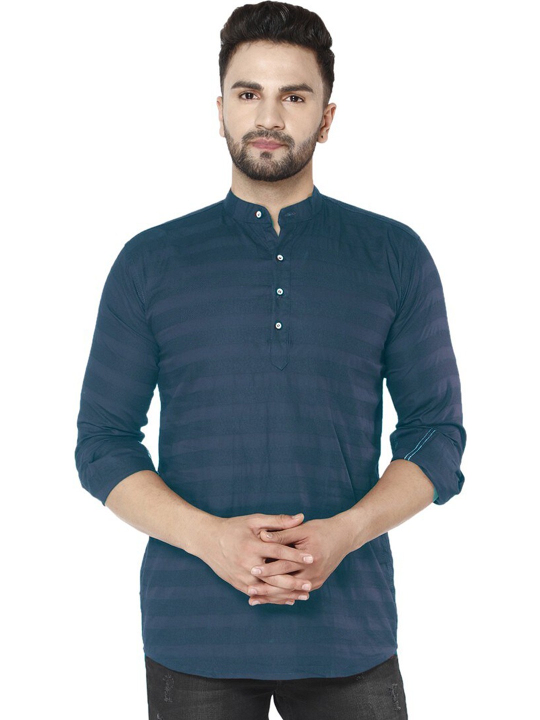 

FUBAR Mandarin Collar Slim Fit Horizontal Striped Casual Shirt, Navy blue