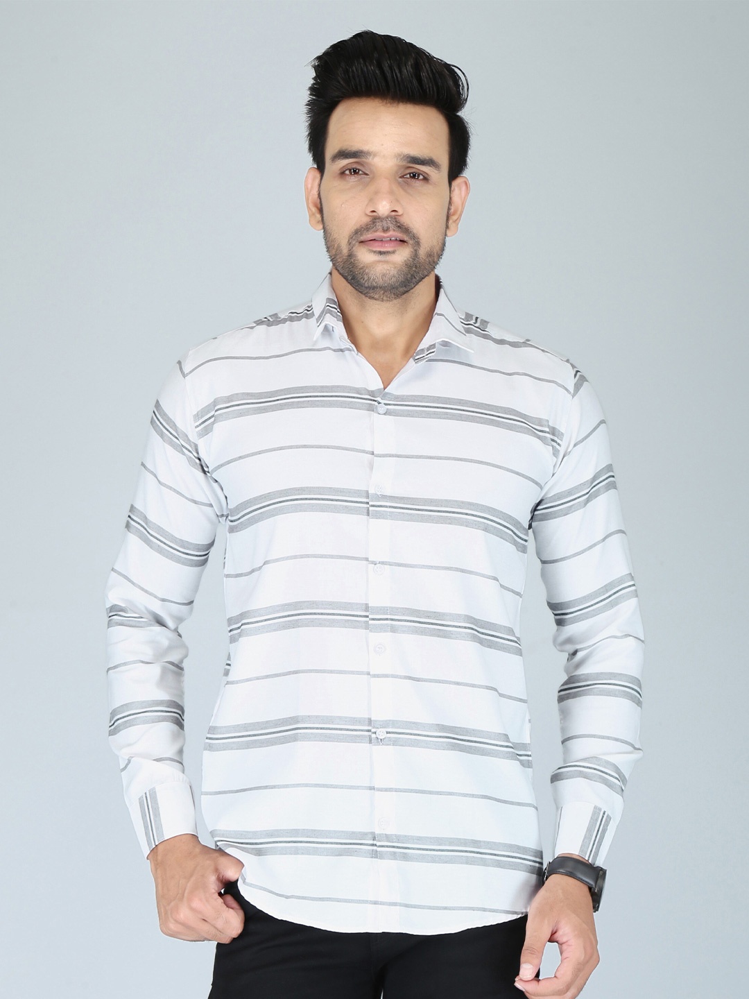 

FUBAR Slim Fit Horizontal Stripes Striped Casual Shirt, White
