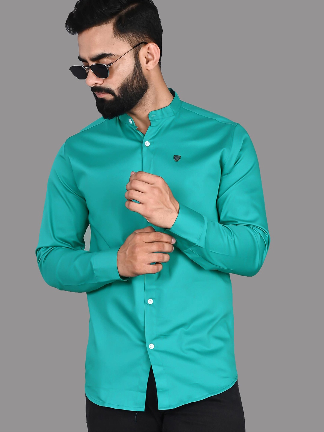 

FUBAR Slim Fit Band Collar Cotton Casual Shirt, Green