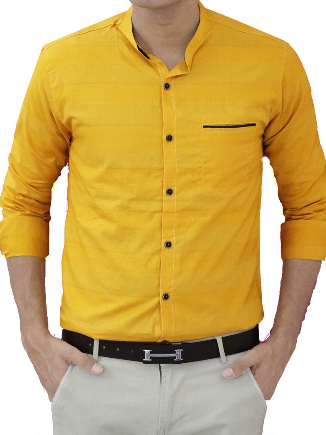 

FUBAR Slim Fit Striped Band Collar Cotton Casual Shirt, Yellow