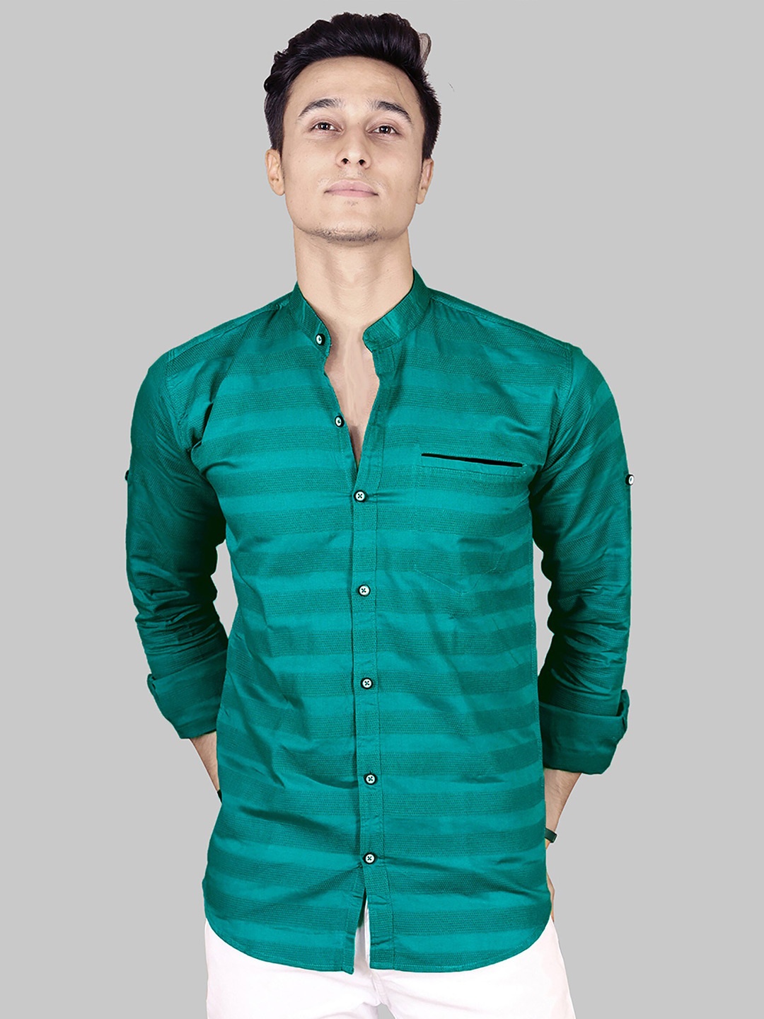 

FUBAR Slim Fit Striped Band Collar Cotton Casual Shirt, Green