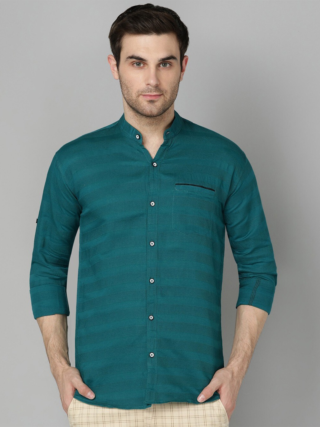 

FUBAR Horizontal Striped Cotton Mandarin Collar Slim Fit Opaque Casual Shirt, Green