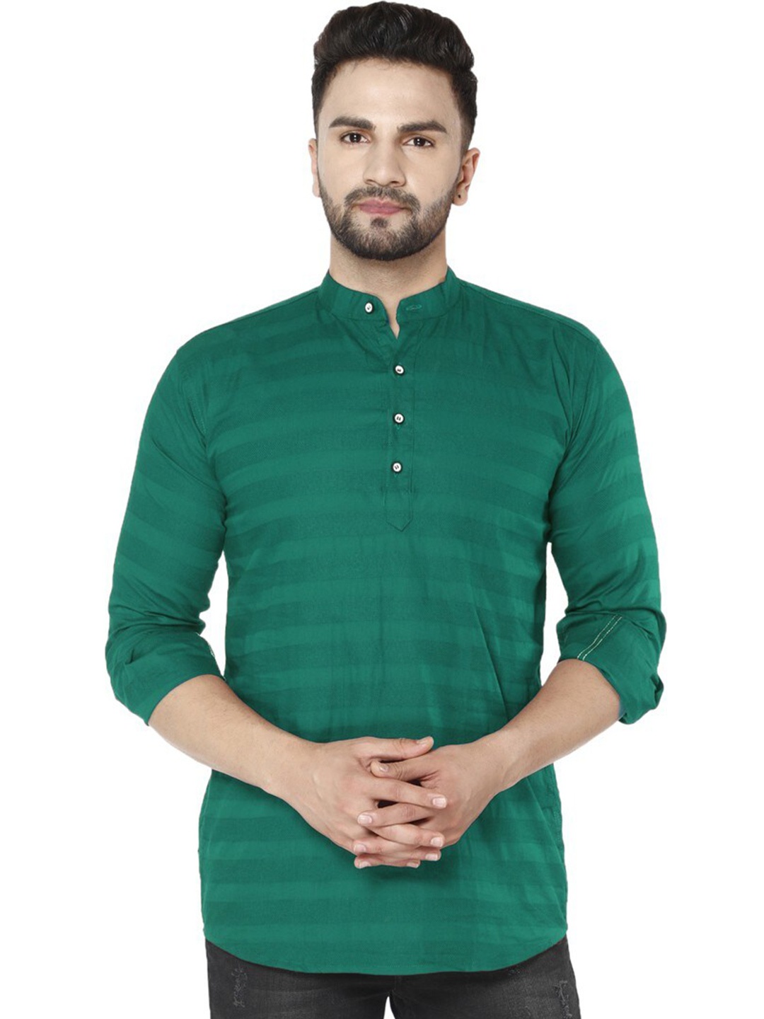 

FUBAR Slim Fit Horizontal Striped Band Collar Long Sleeves Casual Shirt, Green