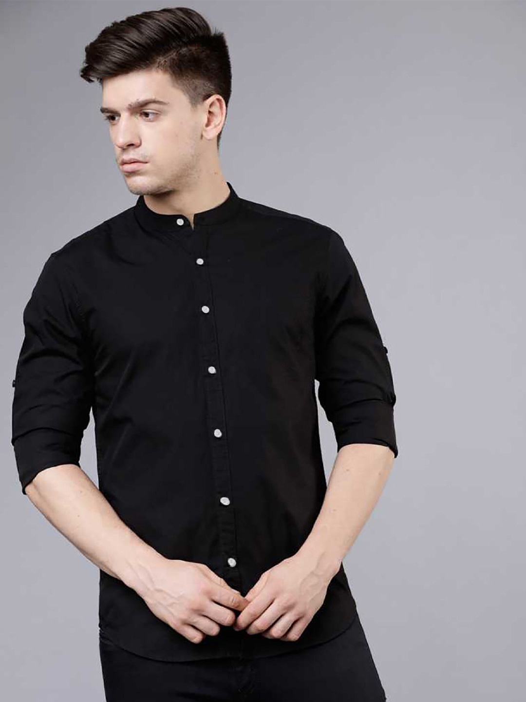 

FUBAR Band Collar Slim Fit Opaque Casual Shirt, Black