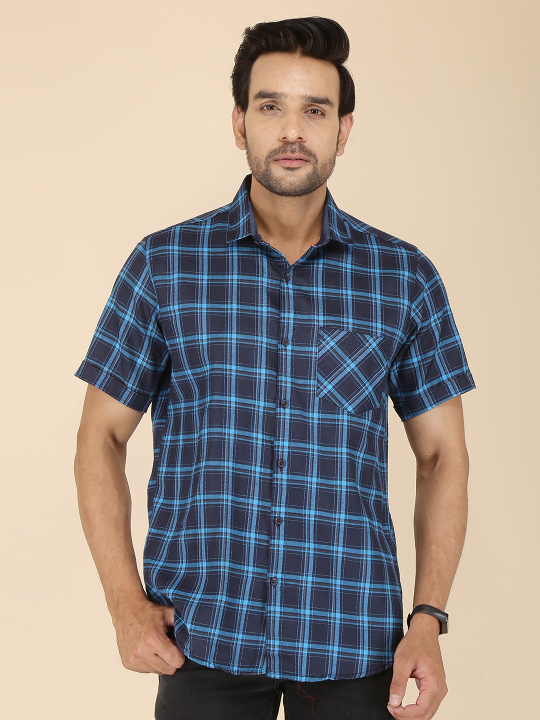 

FUBAR Tartan Checked Slim Fit Casual Shirt, Navy blue