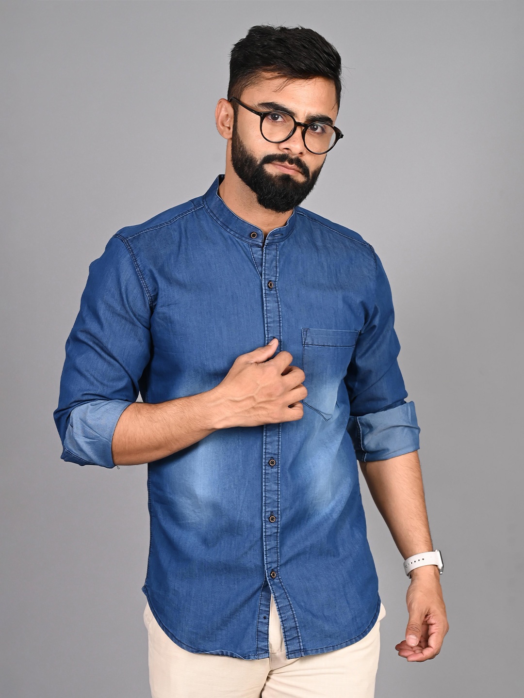 

FUBAR Slim Fit Band Collar Casual Shirt, Blue