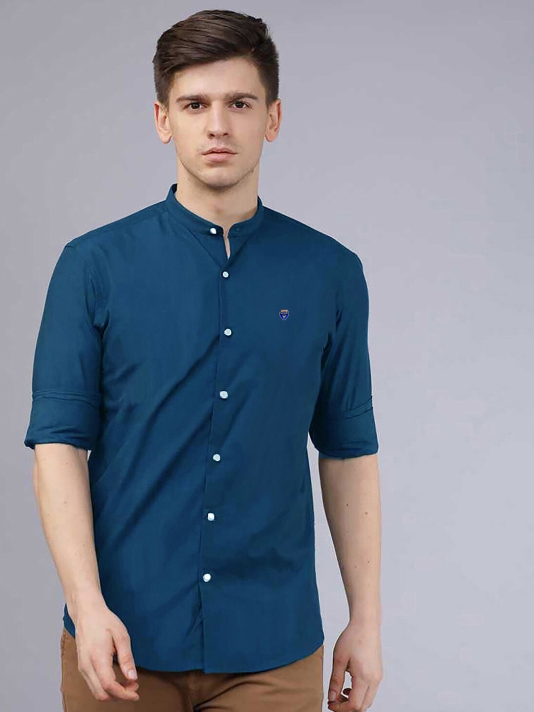

FUBAR Slim Fit Band Collar Casual Shirt, Blue