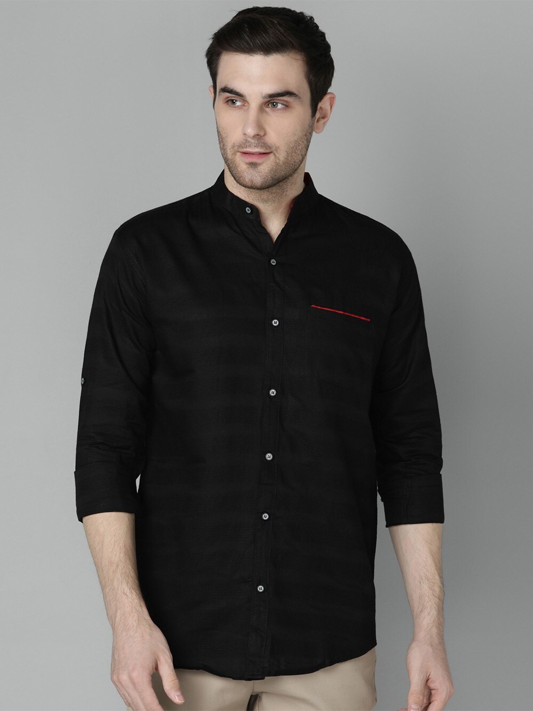 

FUBAR Slim Fit Horizontal Striped Band Collar Roll-Up Sleeves Casual Shirt, Black