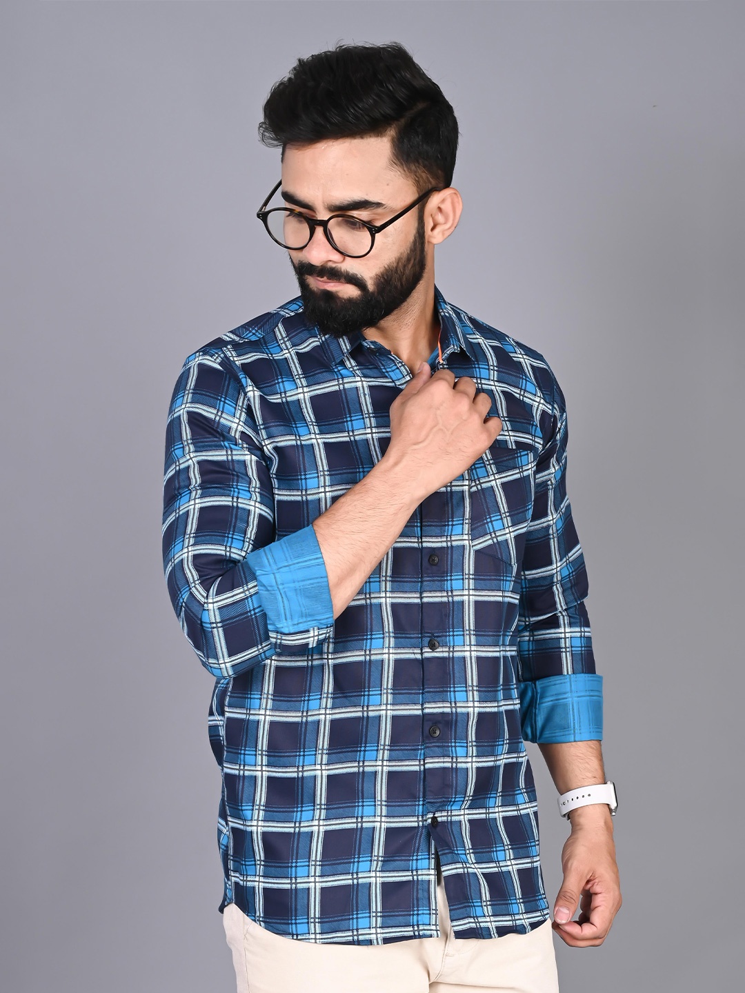 

FUBAR Slim Fit Tartan Checked Spread Collar Long Sleeves Casual Shirt, Blue