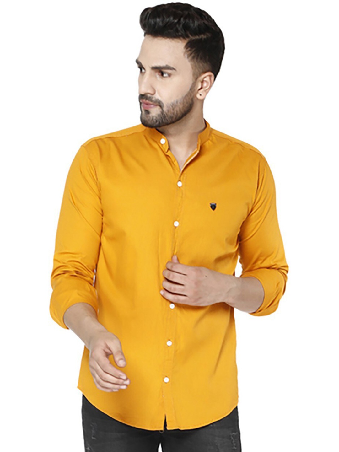 

FUBAR Slim Fit Band Collar Casual Shirt, Yellow