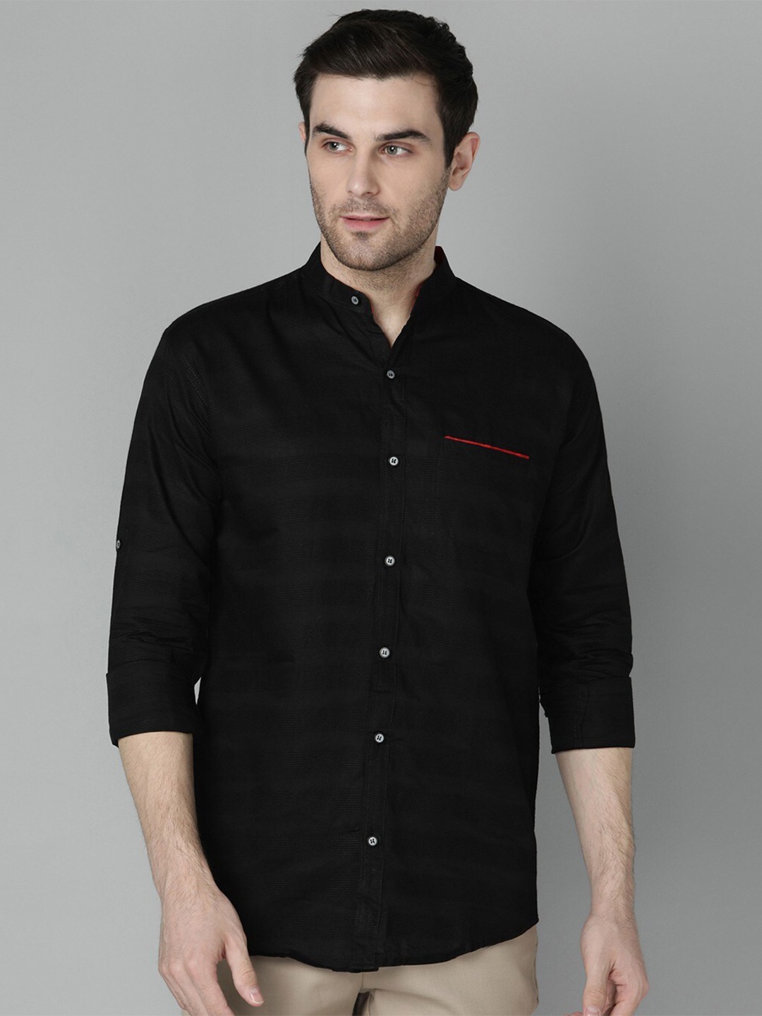 

FUBAR Slim Fit Horizontal Striped Mandarin Collar Casual Shirt, Black