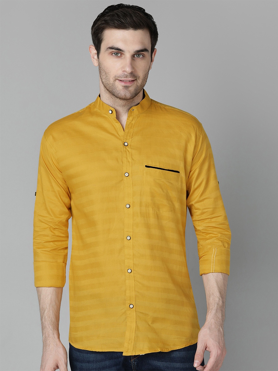 

FUBAR Slim Fit Band Collar Casual Shirt, Yellow