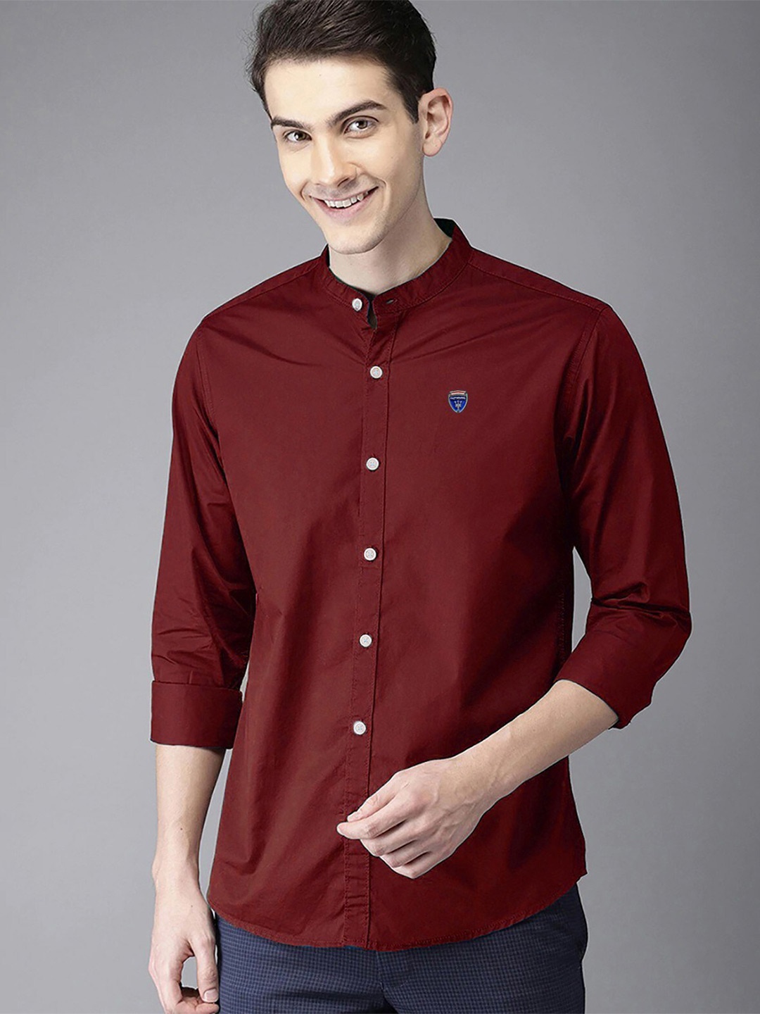 

FUBAR Slim Fit Band Collar Long Sleeve Casual Shirt, Maroon