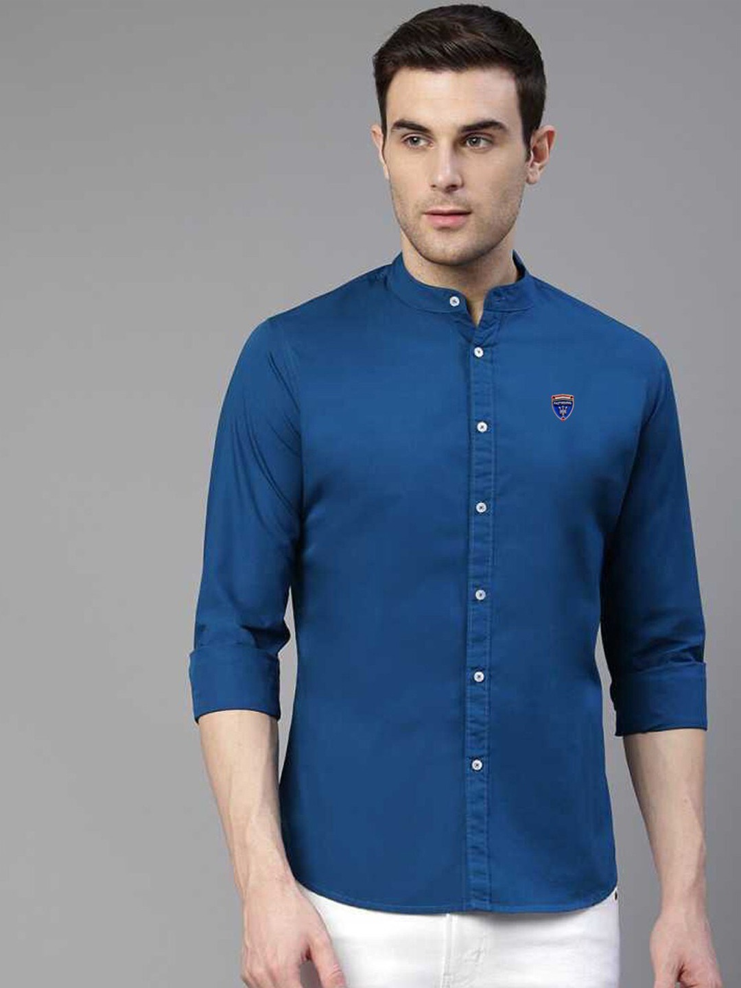 

FUBAR Slim Fit Band Collar Long Sleeve Casual Shirt, Blue