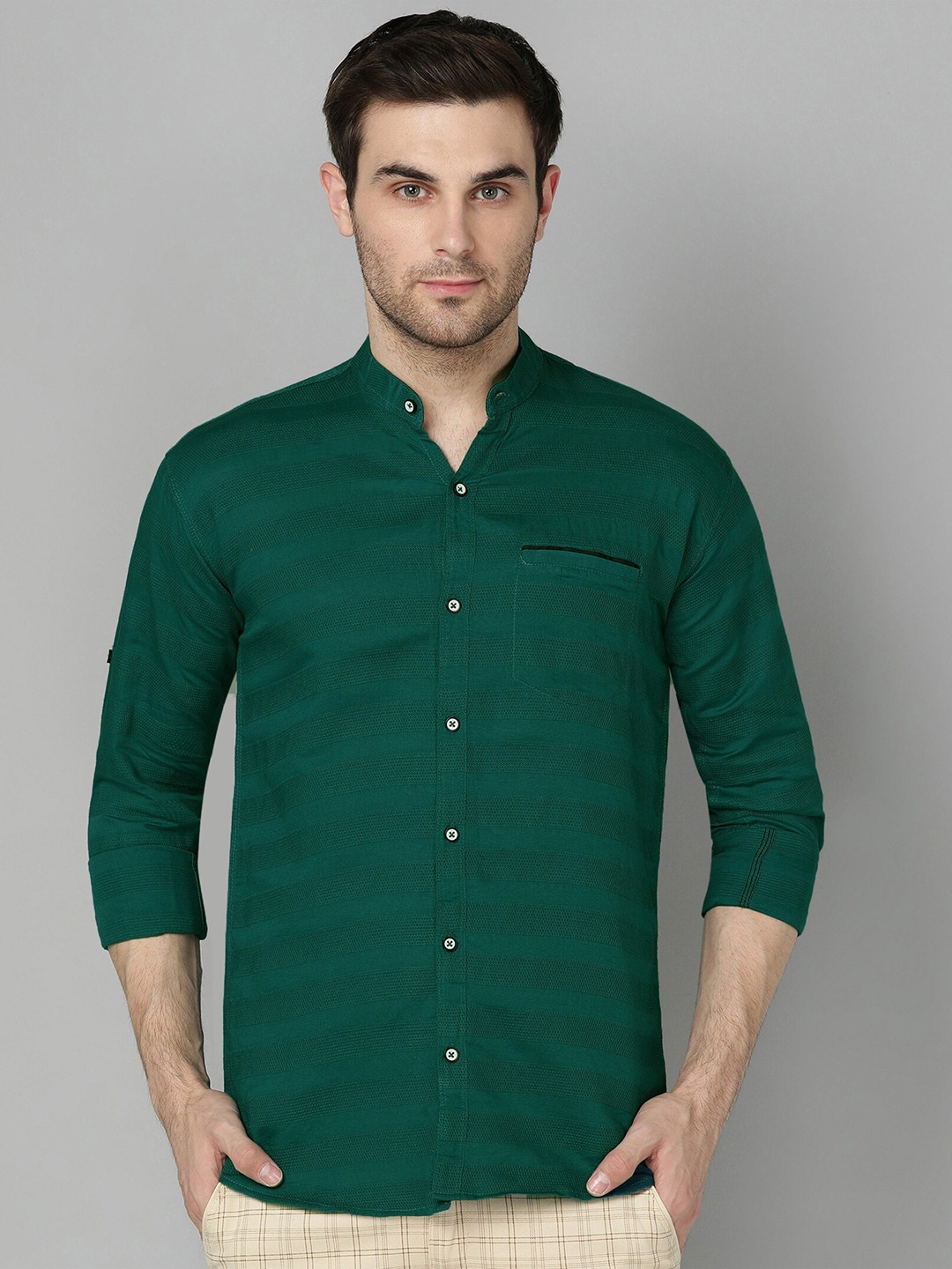 

FUBAR Men Green Slim Fit Horizontal Stripes Opaque Formal Shirt