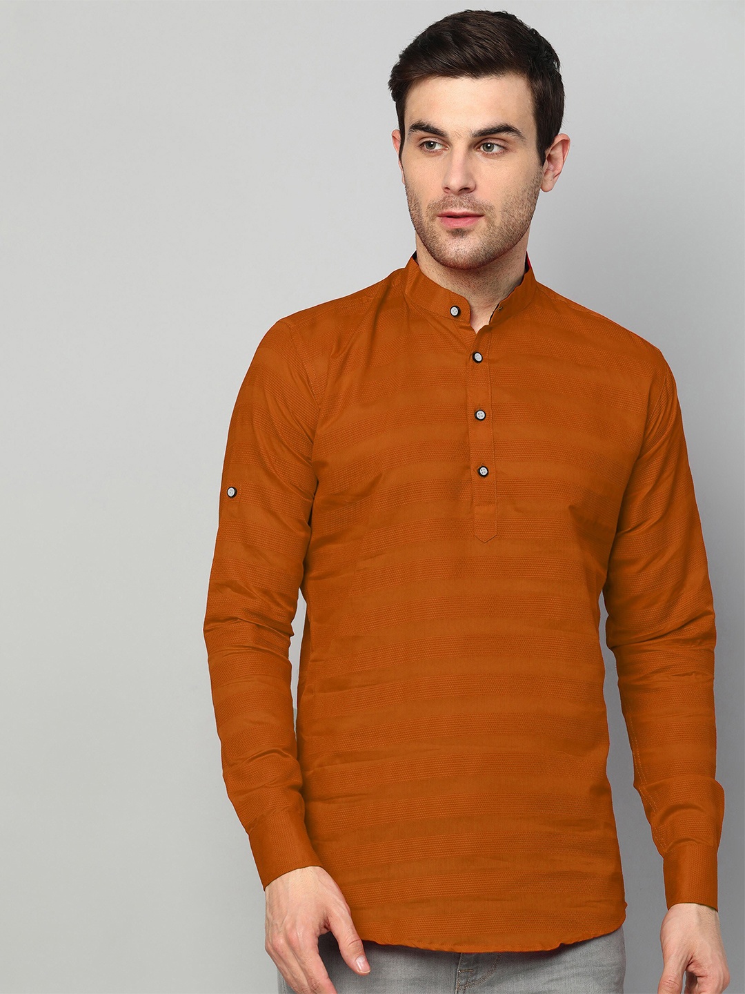 

FUBAR Slim Fit Horizontal Stripes Roll-Up Sleeves Casual Shirt, Brown