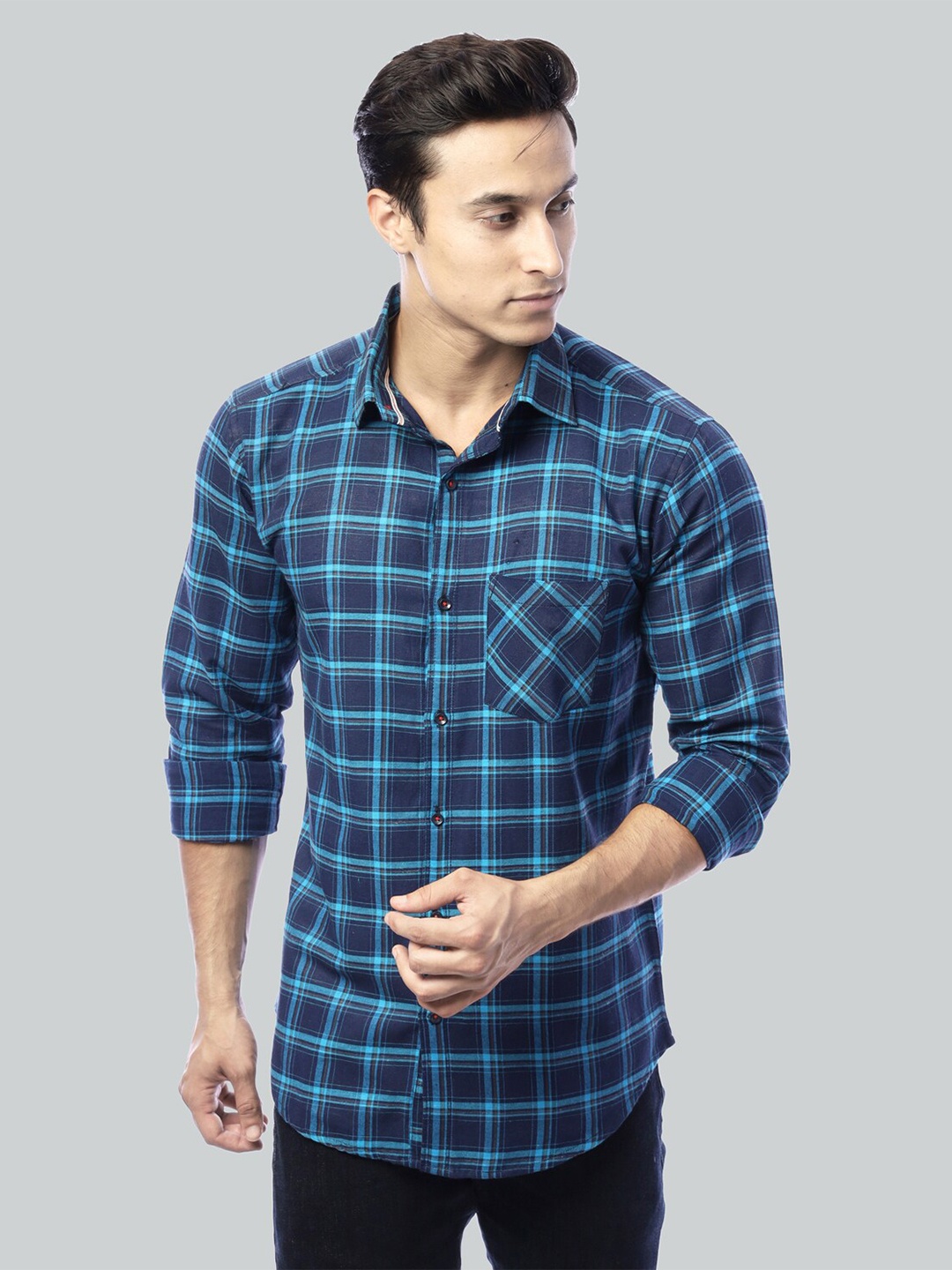 

FUBAR Slim Fit Tartan Checked Casual Shirt, Navy blue