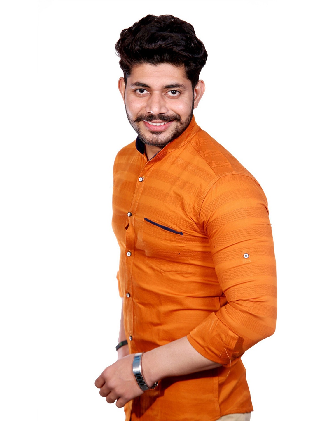 

FUBAR Vertical Striped Slim Fit Mandarin Collar Shirt, Orange