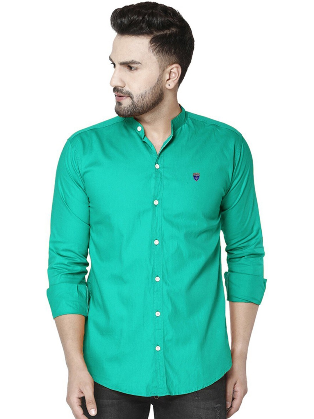 

FUBAR Slim Fit Band Collar Long Sleeves Casual Shirt, Green