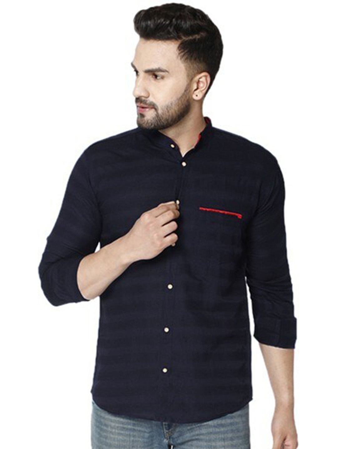 

FUBAR Slim Fit Horizontal Striped Band Collar Roll-Up Sleeves Casual Shirt, Navy blue