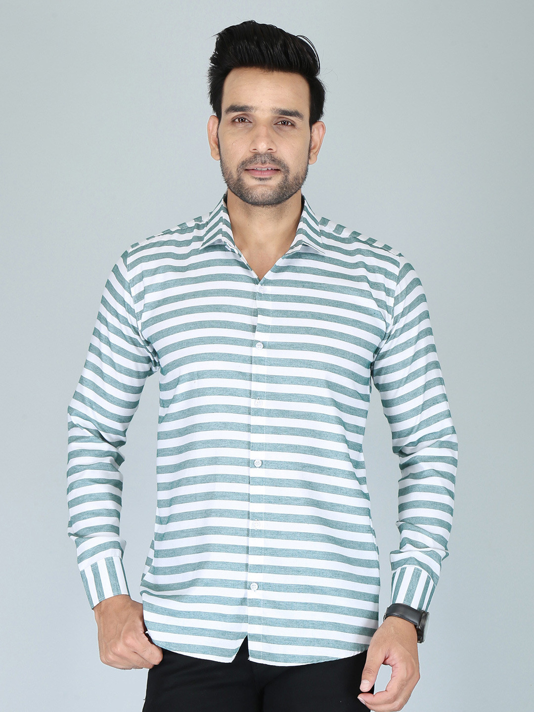 

FUBAR Horizontal Striped Slim Fit Casual Shirt, Green