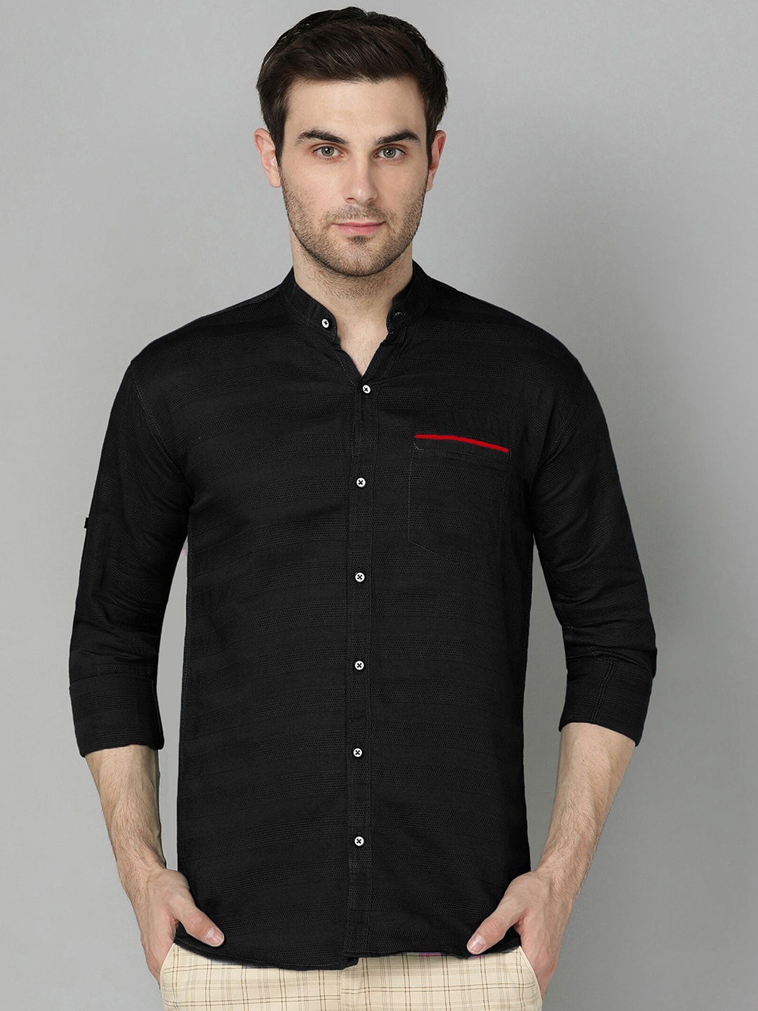 FUBAR Slim Fit Horizontal Stripes Mandarin Collar Casual Shirt, Black