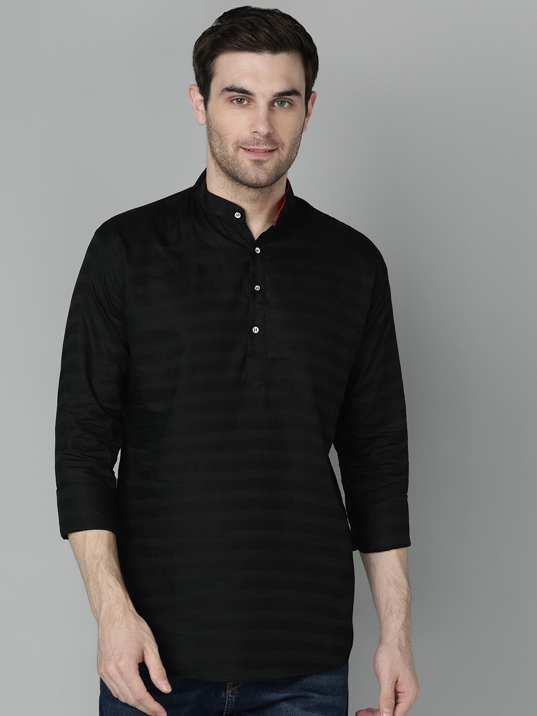 

FUBAR Slim Fit Horizontal Stripes Band Collar Casual Shirt, Black