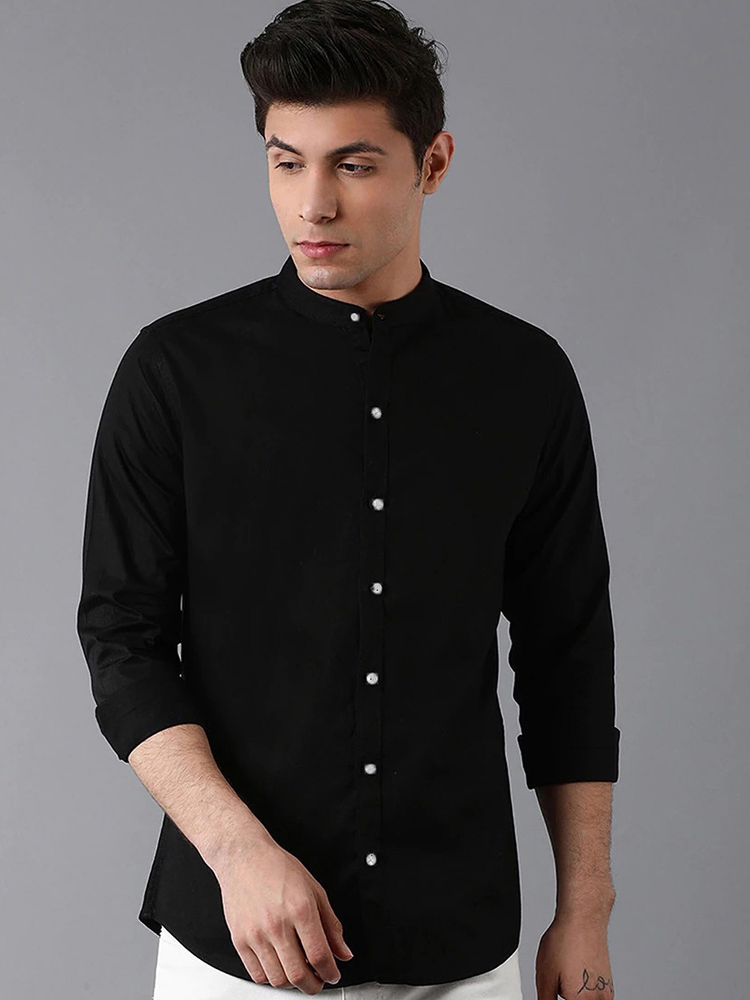 

FUBAR Slim Fit Band Collar Casual Shirt, Black