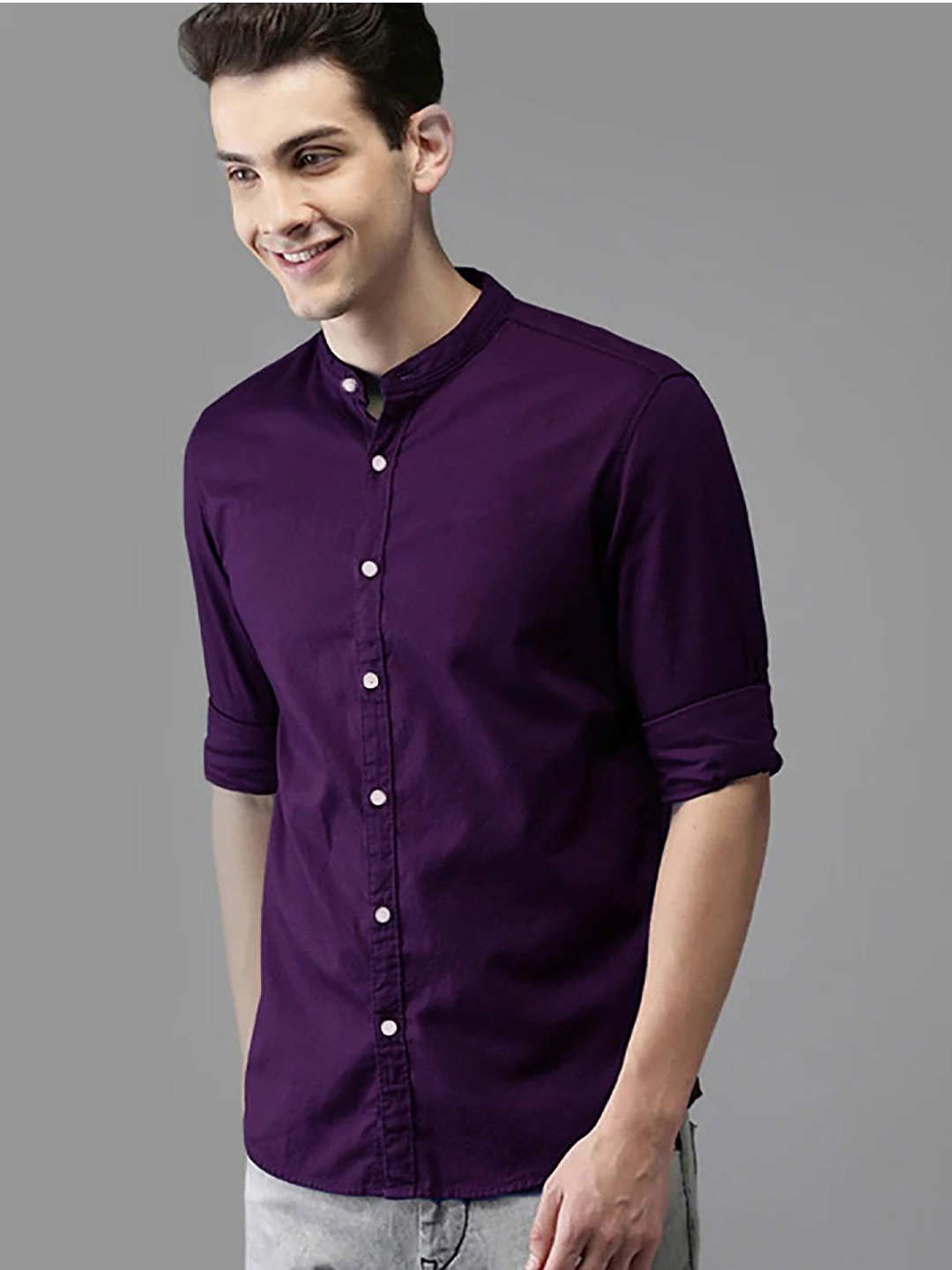 

FUBAR Slim Fit Band Collar Casual Shirt, Purple