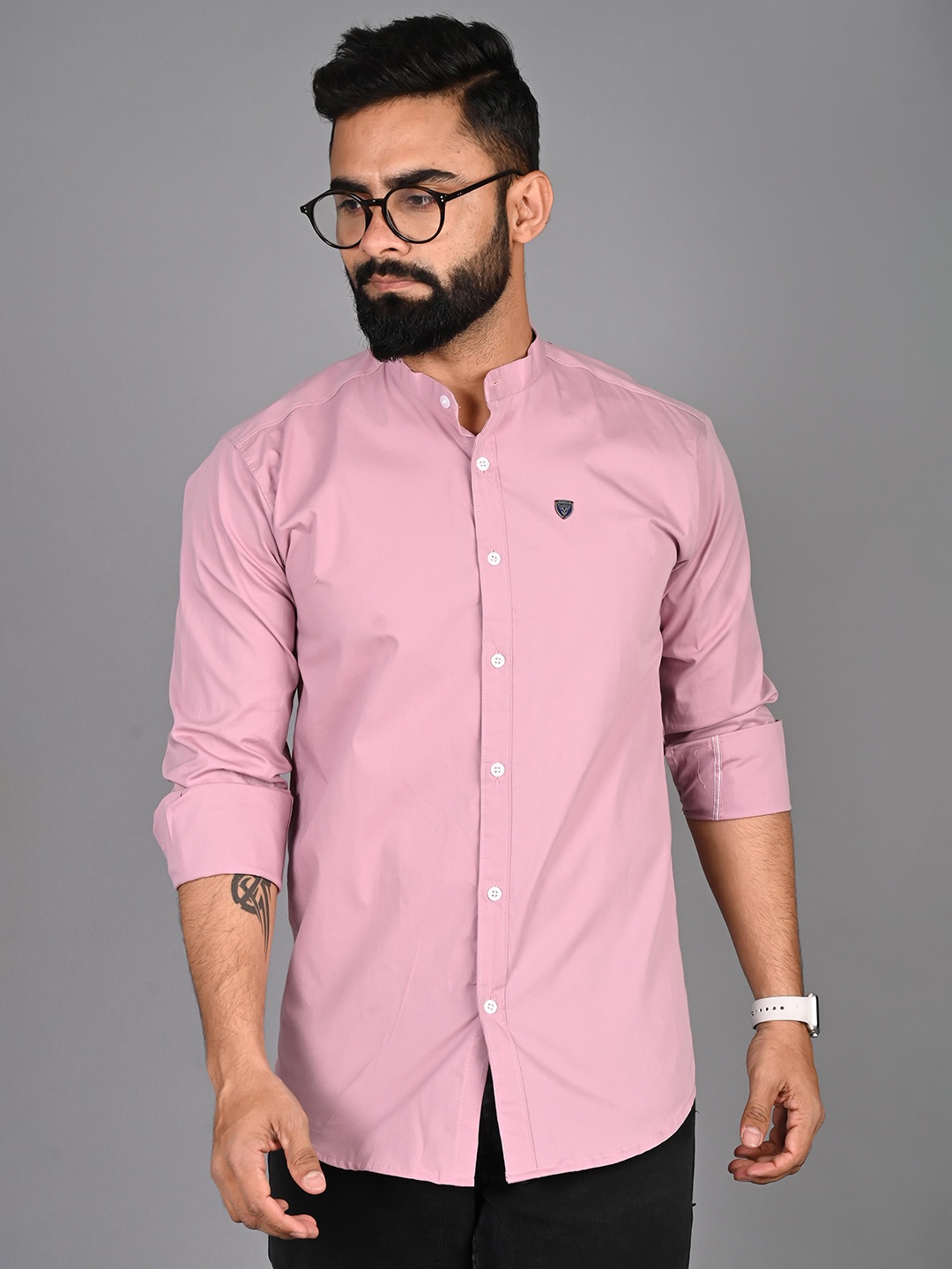 

FUBAR Mandarin Collar Slim Fit Casual Shirt, Pink