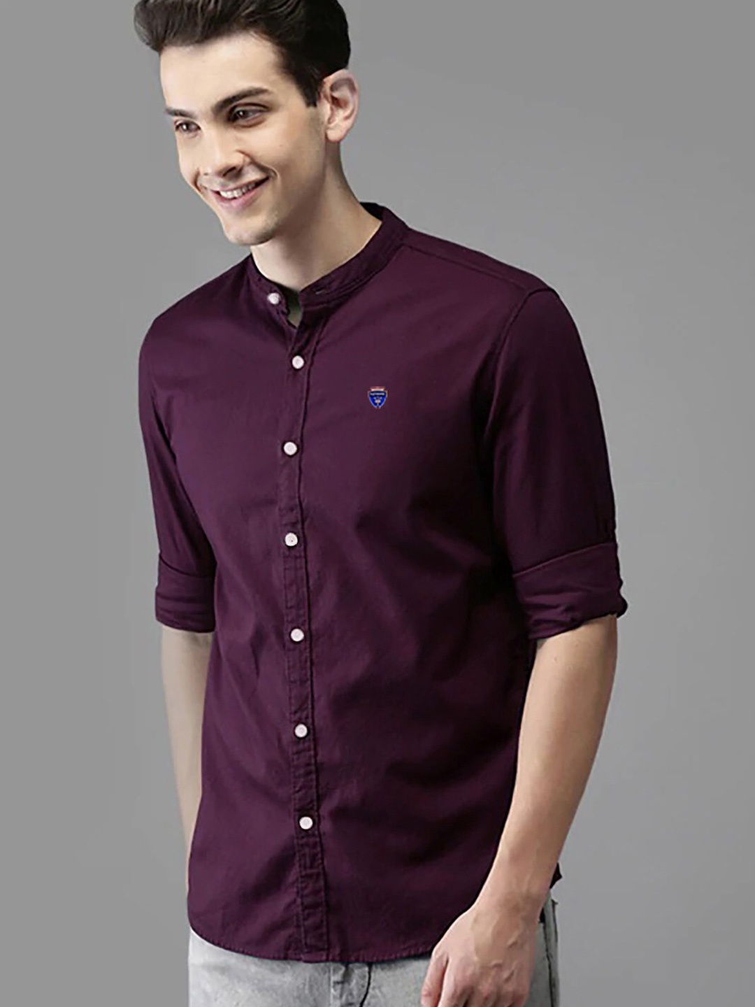 

FUBAR Band Collar Slim Fit Casual Shirt, Purple