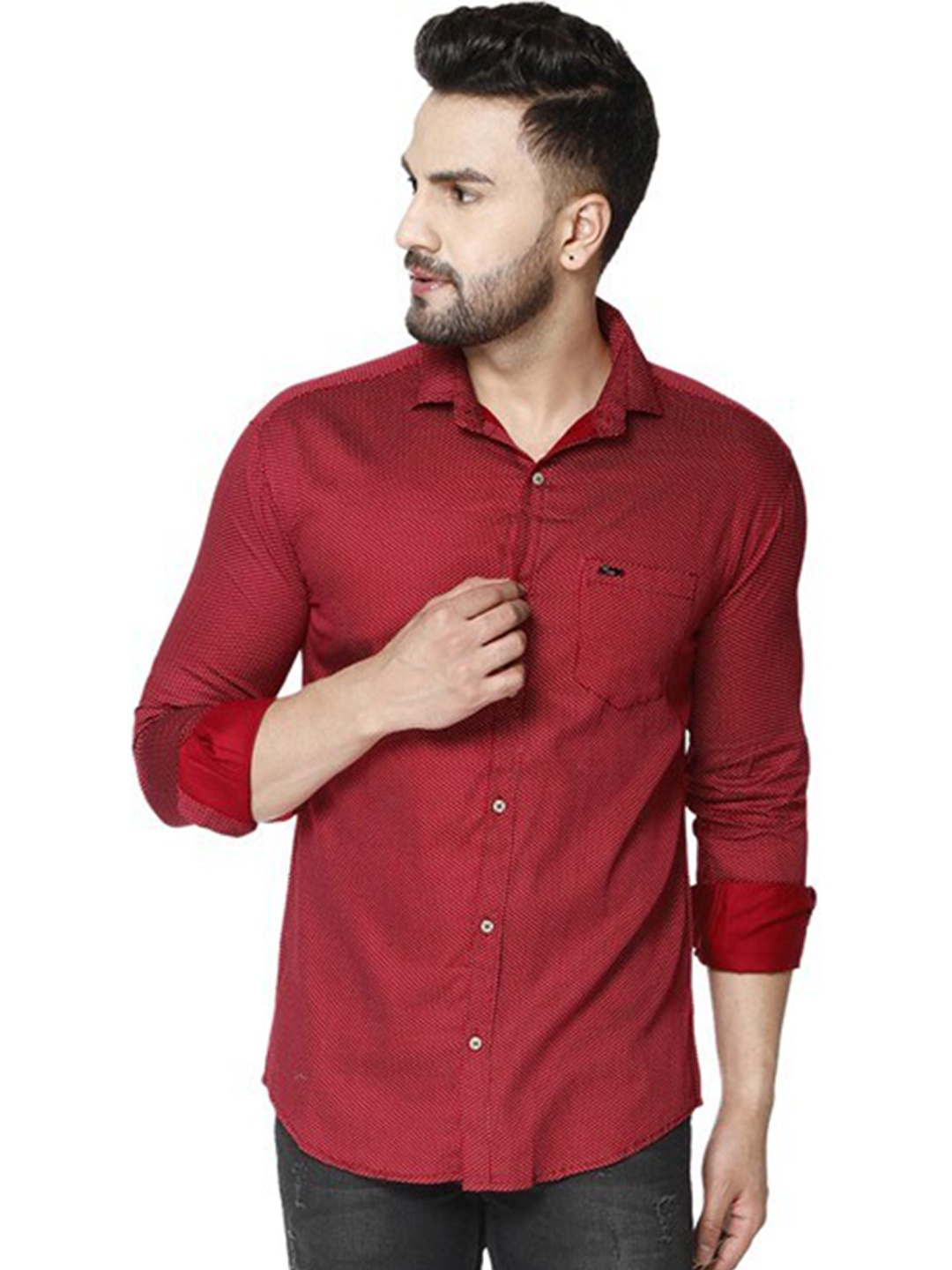 

FUBAR Slim Fit Polka Dots Printed Spread Collar Long Sleeve Pocket Casual Shirt, Maroon