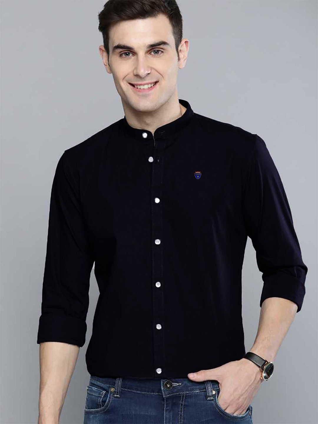

FUBAR Slim Fit Band Collar Casual Shirt, Black