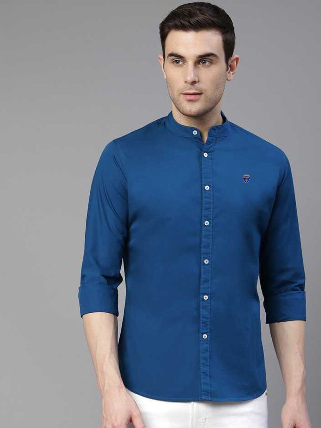 

FUBAR Slim Fit Band Collar Cotton Silk Casual Shirt, Blue