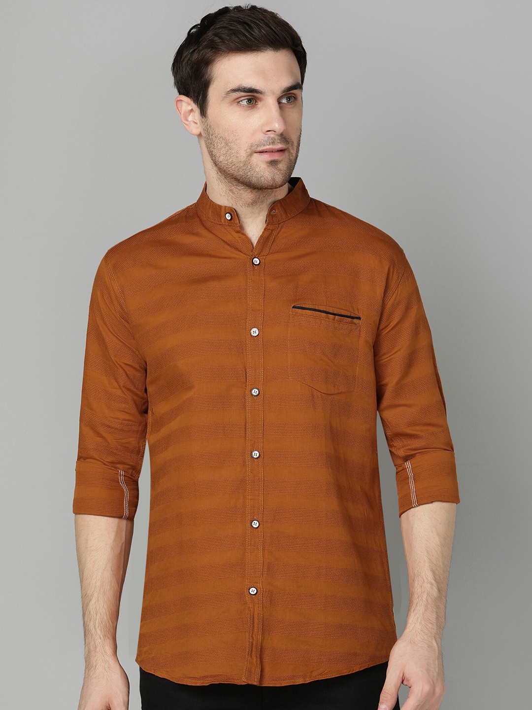 

FUBAR Horizontal Stripes Slim Fit Opaque Casual Shirt, Brown
