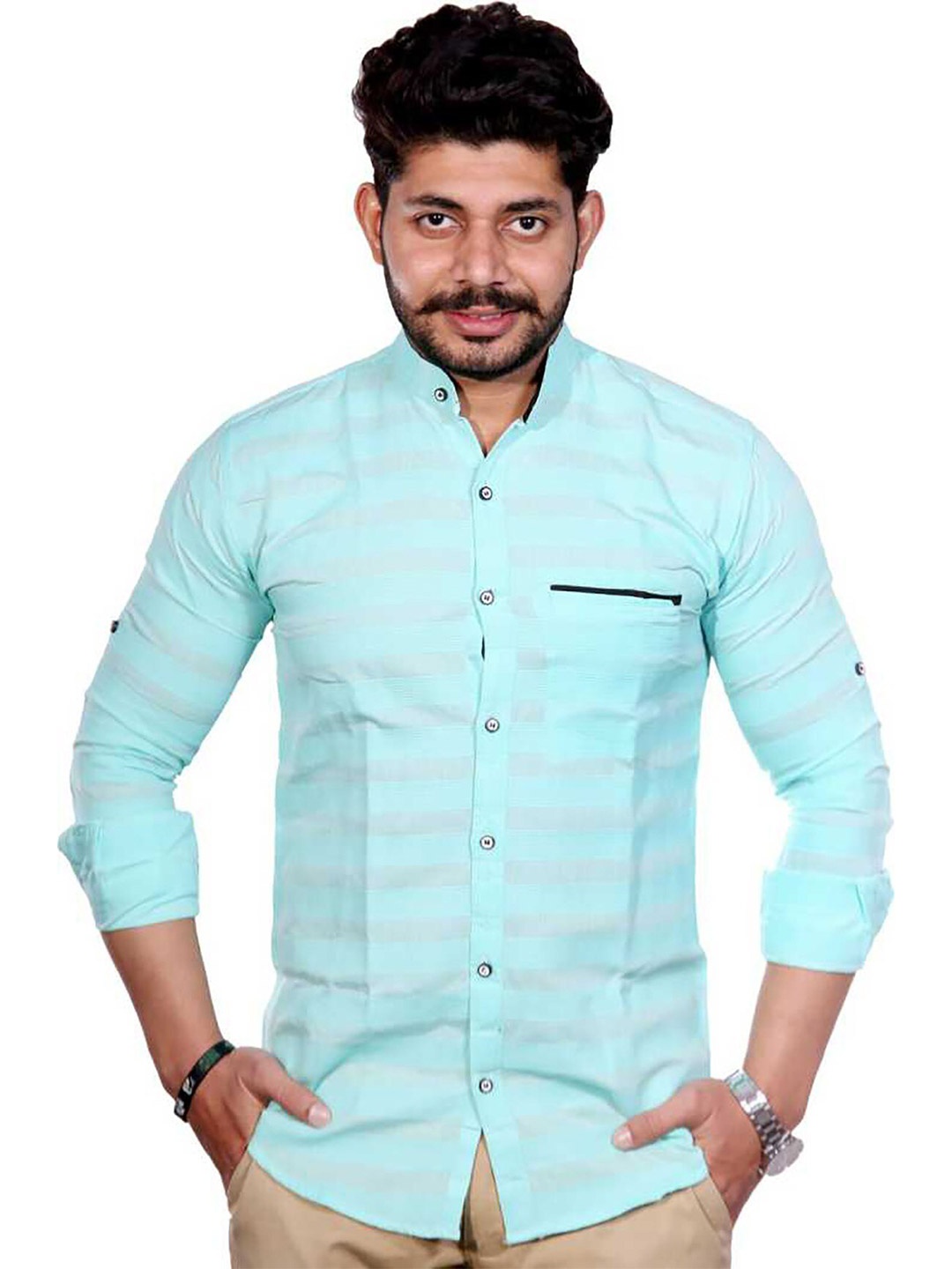 

FUBAR Men Green Slim Fit Opaque Striped Shirt