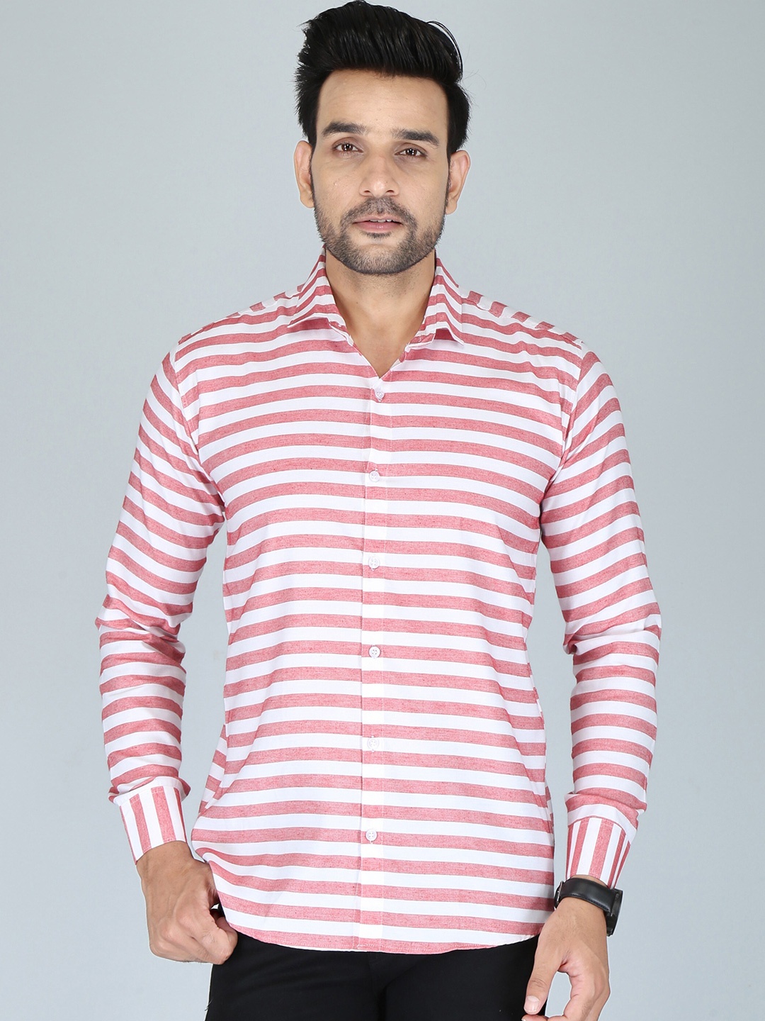 

FUBAR Slim Fit Horizontal Stripes Casual Shirt, Pink