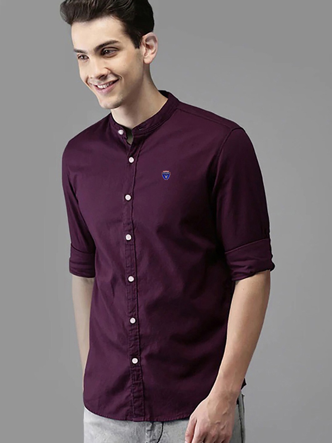 

FUBAR Band Collar Slim Fit Opaque Casual Shirt, Purple