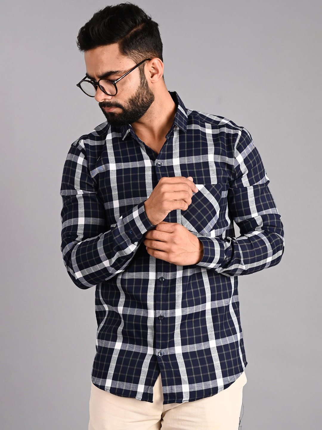 

FUBAR Slim Fit Tartan Checked Formal Shirt, Navy blue