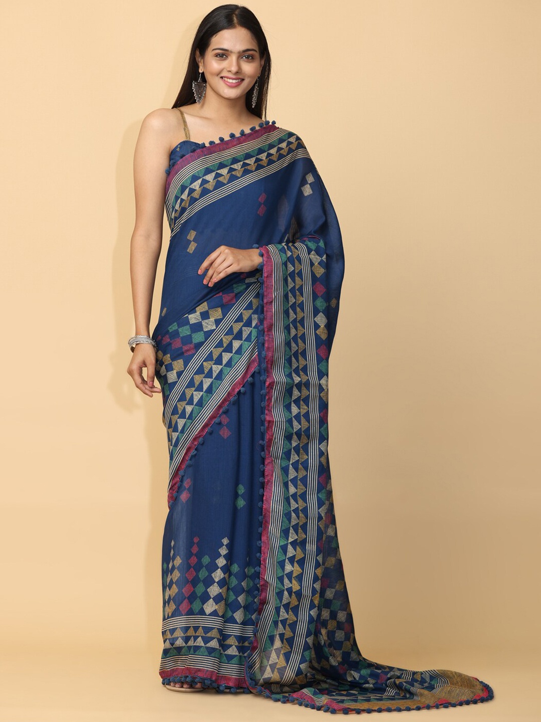 

VASTRANAND Geometric Printed Zari Saree, Blue