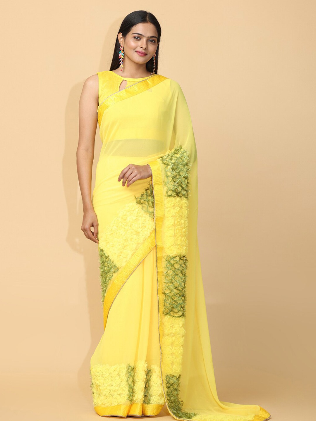 

VASTRANAND Floral Embroidered Poly Georgette Saree, Yellow